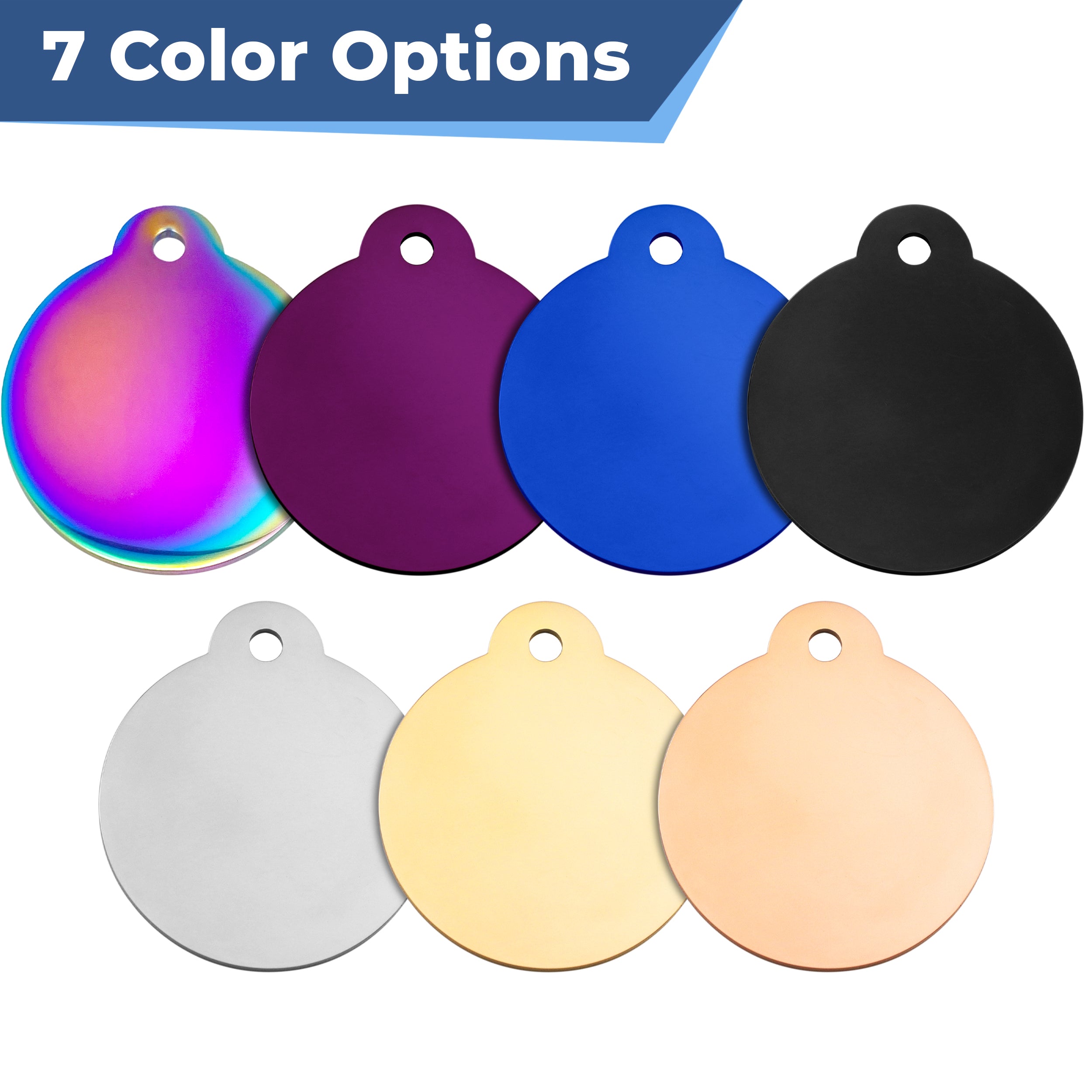 Front view of seven round stainless steel indoor cat ID tags showing color options and Indoor Cat lost-if-out message