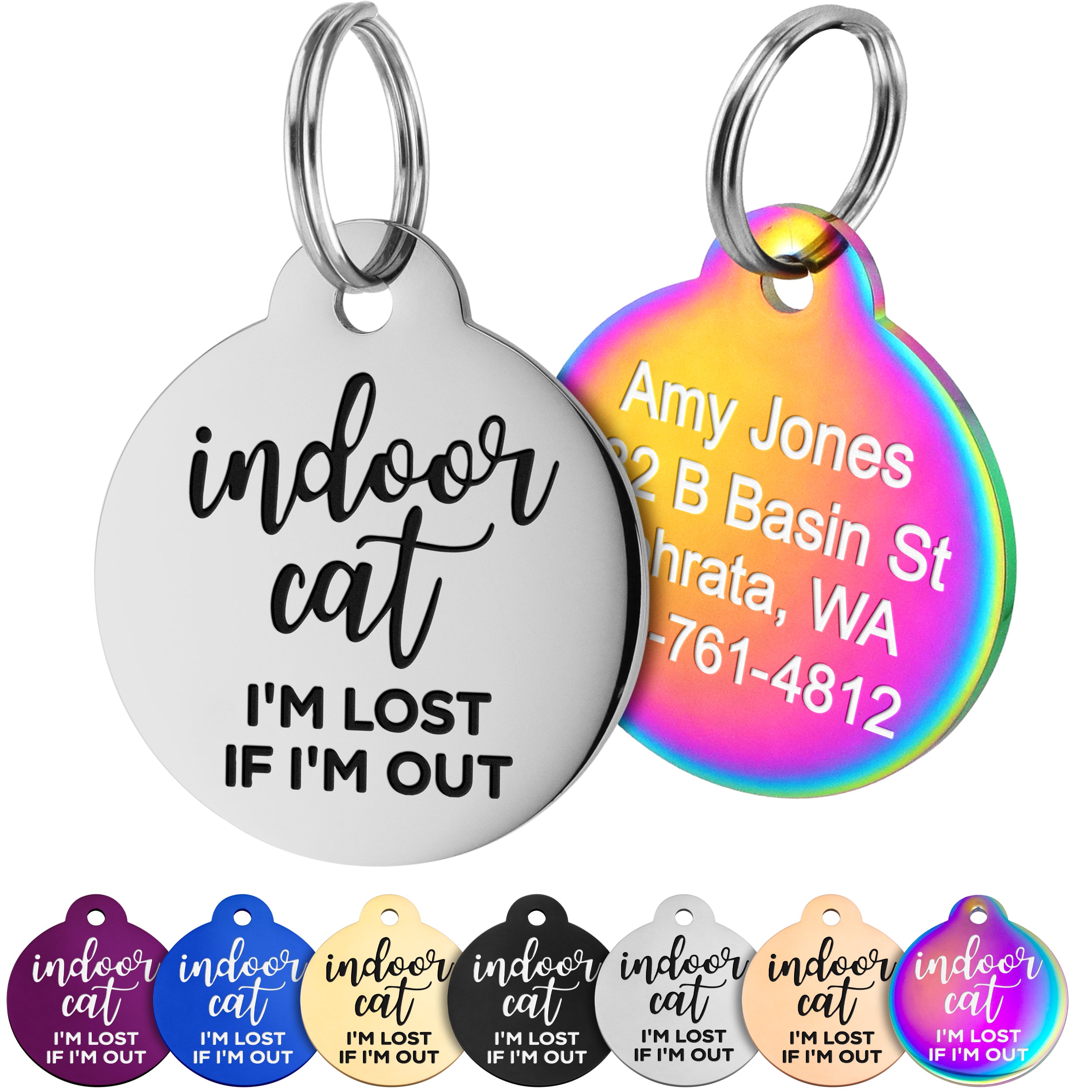 Close-up of two Indoor Cat ID tags showing engraved “indoor cat” front, rainbow personalized back, and split key rings on a white background