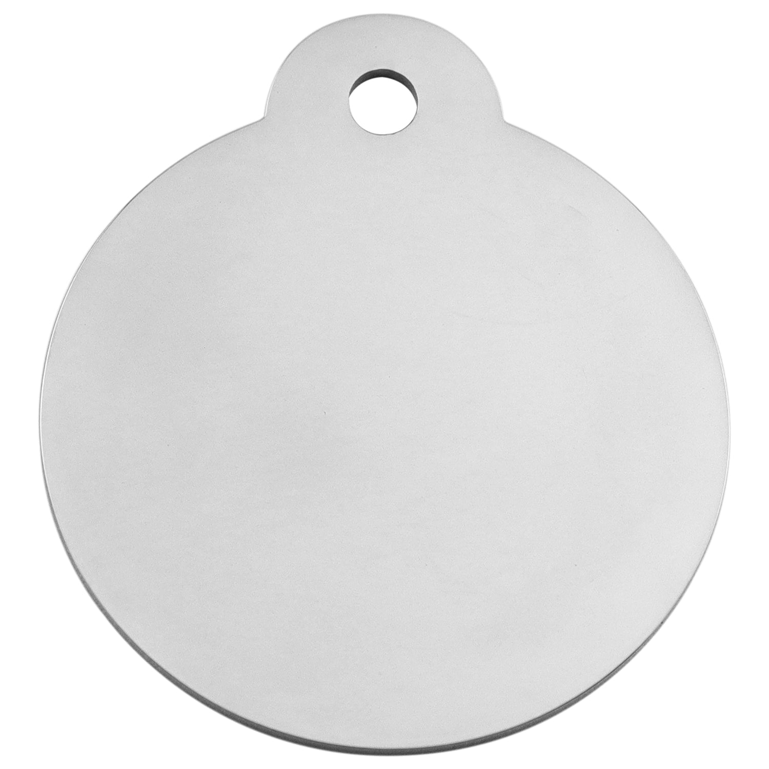 Front view of stainless steel round pet ID tag showing blank polished face and top hole for keyring on white background