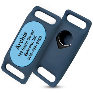 Angled view of blue Samsung Galaxy SmartTag2 GPS tracker holder showcasing personalized pet ID engraving on white background