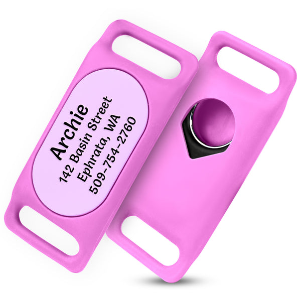 Close-up of pink Samsung Galaxy SmartTag2 GPS tracker holder with laser-engraved pet ID and SmartTag on white background