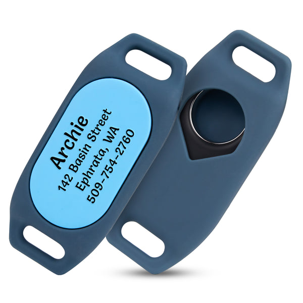 Front and back views of a blue silicone Samsung Galaxy SmartTag2 holder with personalized Archie ID engraving on white background