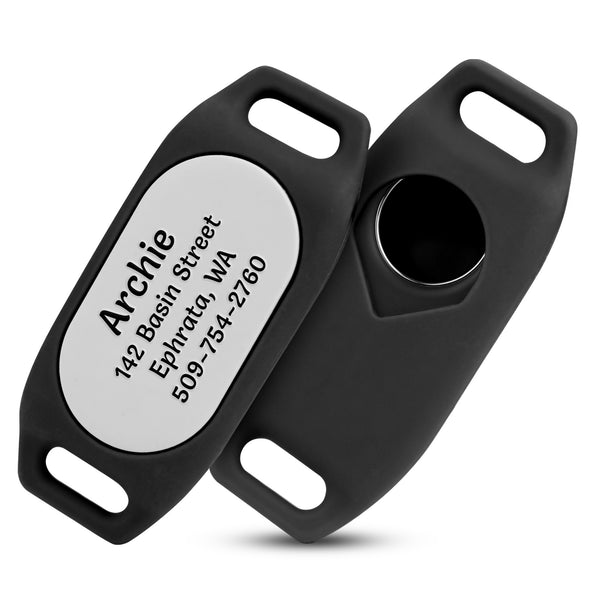 Angled view of a personalized Samsung Galaxy SmartTag2 GPS tracker holder with engraved pet ID and tracker slot on white