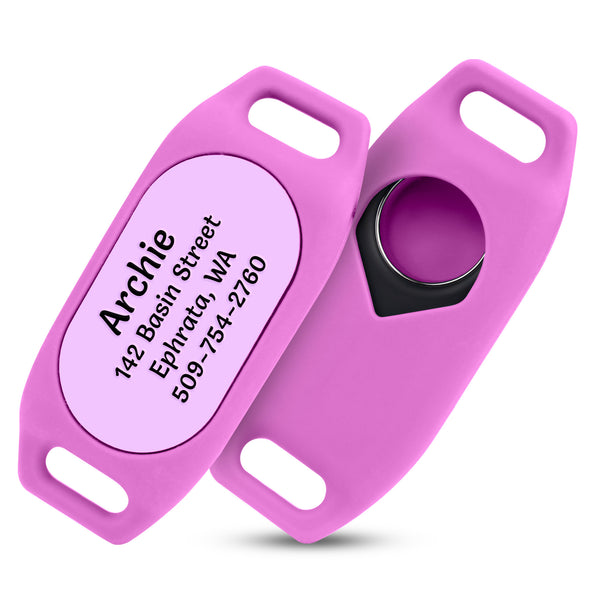 Front and back views of a pink Samsung Galaxy SmartTag2 GPS Tracker Holder Slide-On Dog ID Tag with personalized engraving and tracker slot