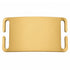 Close-up of stainless steel slide-on ID tag showing polished gold nameplate and slide slots on white background