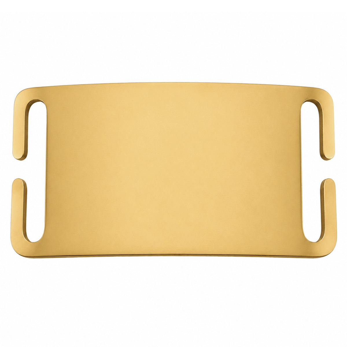Close-up of stainless steel slide-on ID tag showing polished gold nameplate and slide slots on white background