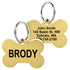 Front and back view of Bone Pet ID Tag showing polished gold finish and sample engraving BRODY with contact info on white