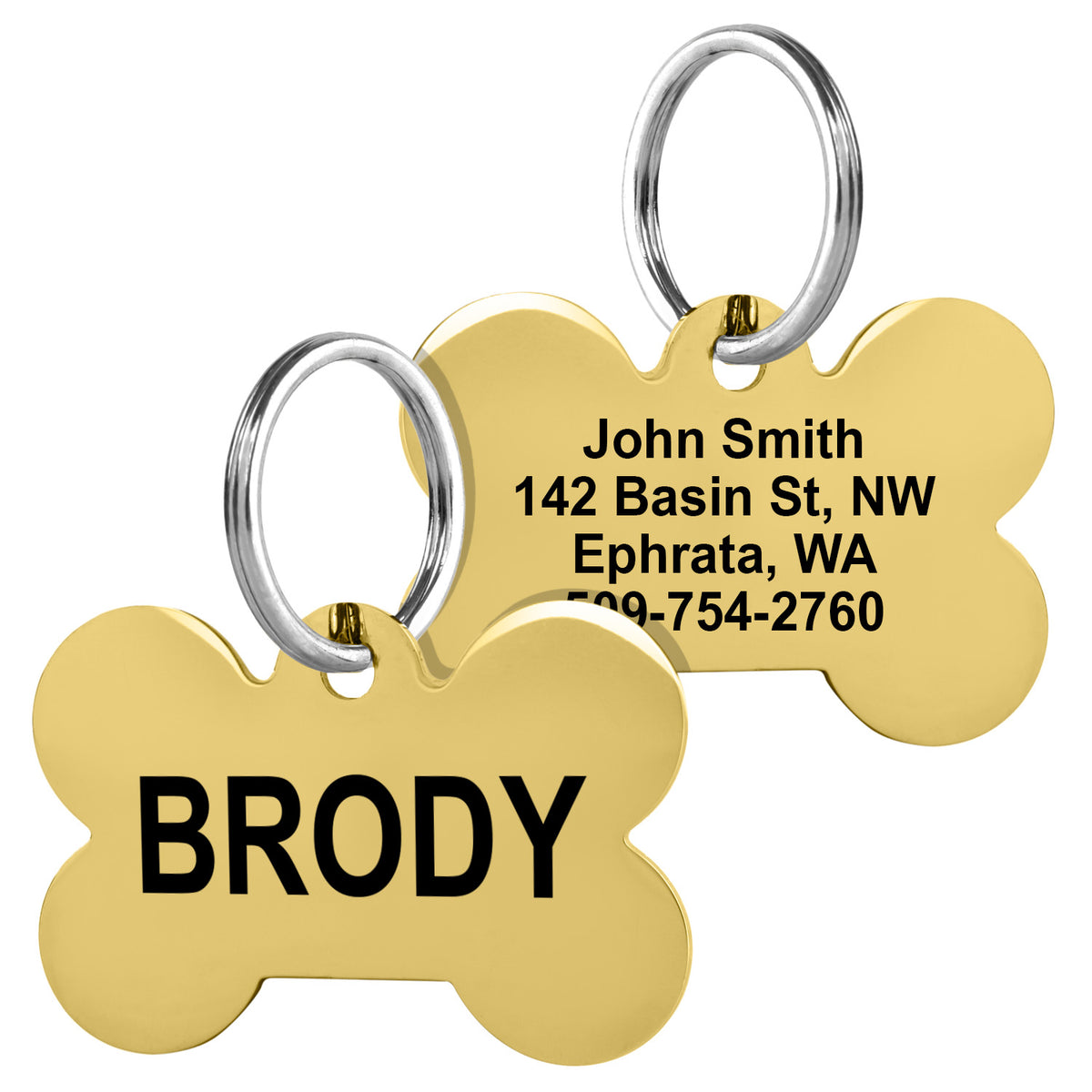 Front and back view of Bone Pet ID Tag showing polished gold finish and sample engraving BRODY with contact info on white