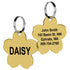 Front and back close-up of gold Flower Pet ID Tag showing engraved name, owner contact, and split rings on white