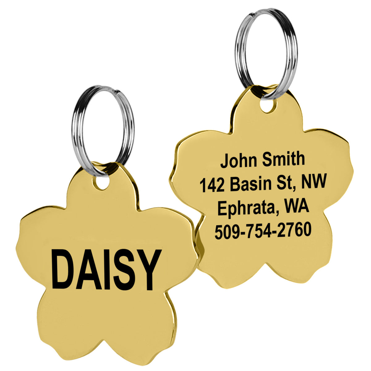 Front and back close-up of gold Flower Pet ID Tag showing engraved name, owner contact, and split rings on white
