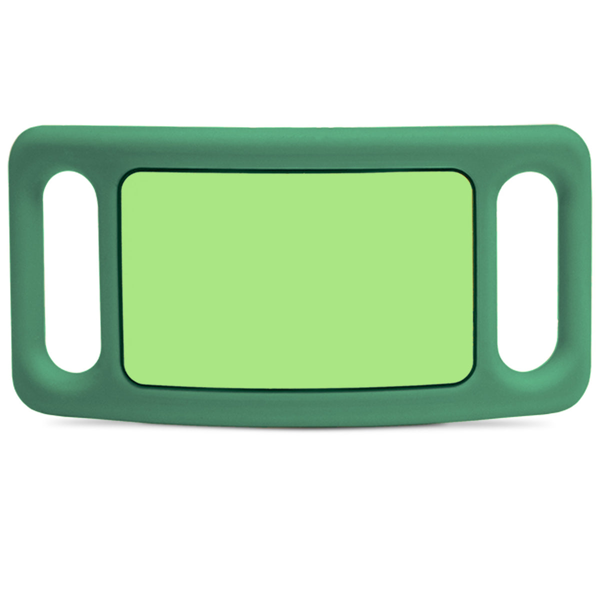 Front view of green silicone silent slide-on dog ID tag showcasing center engraving panel and side collar slots on white background