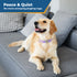 Dog sitting on gray sofa wearing an adjustable cotton-hemp collar with stainless steel slide-on nameplate; overlay text Peace and Quiet
