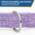 Close-up of lavender hemp dog collar with stainless steel D-ring and overlay text Ultimate Durability and Comfort
