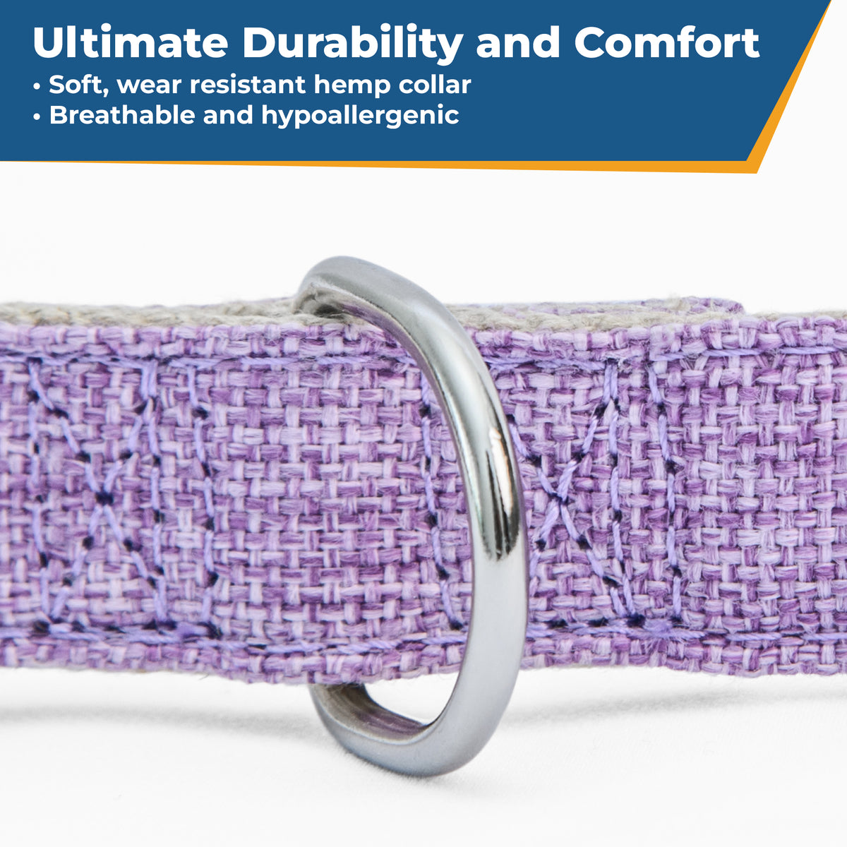 Close-up of lavender hemp dog collar with stainless steel D-ring and overlay text Ultimate Durability and Comfort