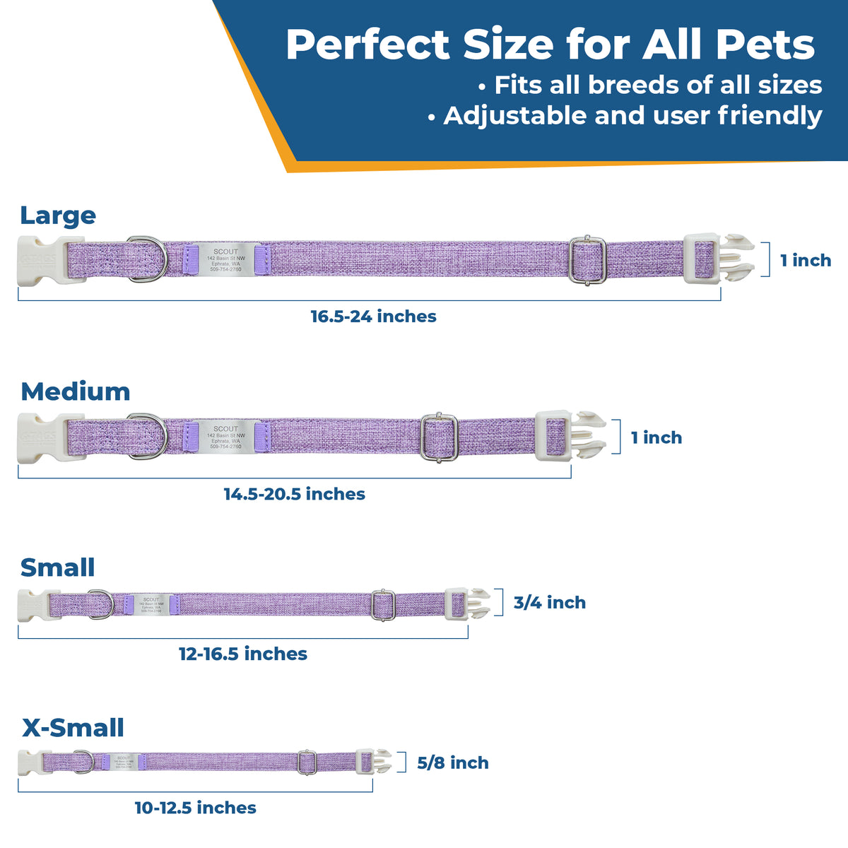 Diagram ‘Perfect Size for All Pets’ showing Large/Medium/Small/X‑Small collar length ranges and widths with stainless steel nameplate