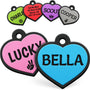 Front view of blue heart-shaped silicone pet ID tag showcasing personalized BELLA engraving with colorful tags on a white background