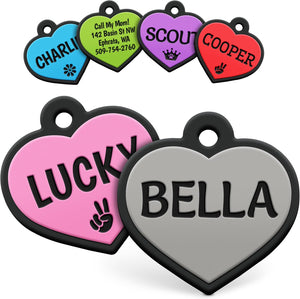 Front view of Heart Silent Silicone Pet ID Tag showcasing a gray heart with BELLA engraving and colorful examples
