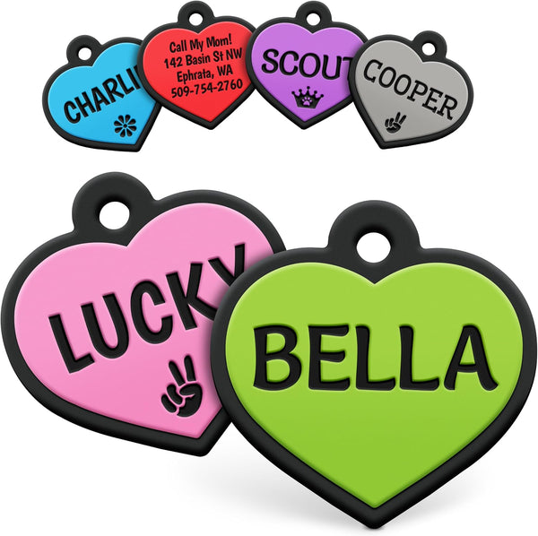 Front view of Heart Silent Silicone Pet ID Tag showcasing colorful personalized pet names and contact details with a white background