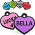 Front view of Heart Silent Silicone Pet ID Tags showcasing colorful heart shapes and personalized engraving on a white background