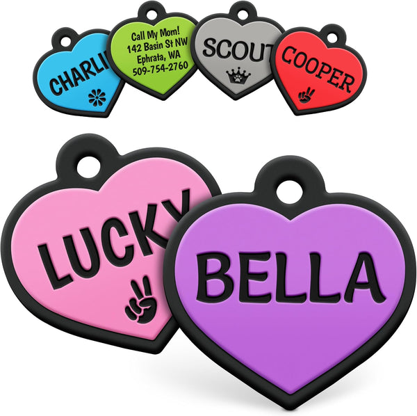 Front view of Heart Silent Silicone Pet ID Tags showcasing colorful heart shapes and personalized engraving on a white background