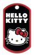 Front view of Hello Kitty dog ID tag showcasing Hello Kitty graphic and ‘HELLO KITTY’ text on black tag with red border