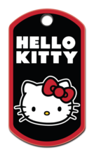 Front view of Hello Kitty dog ID tag showcasing Hello Kitty graphic and ‘HELLO KITTY’ text on black tag with red border