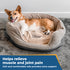 Front view of round waterproof dog bed with beige velvet bolsters, name Oliver embroidered, tan-and-white dog curled inside