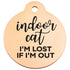 Front view of rose gold stainless steel Indoor Cat ID Tag with engraved Indoor Cat I’m Lost If I’m Out text