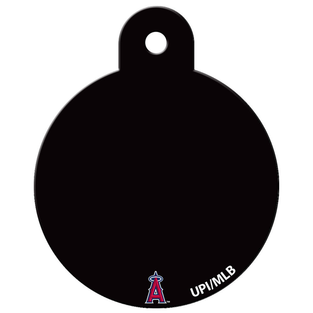 Front view of MLB Team Round Dog ID Tag with Los Angeles Angels logo on black brass tag and top hole on white background