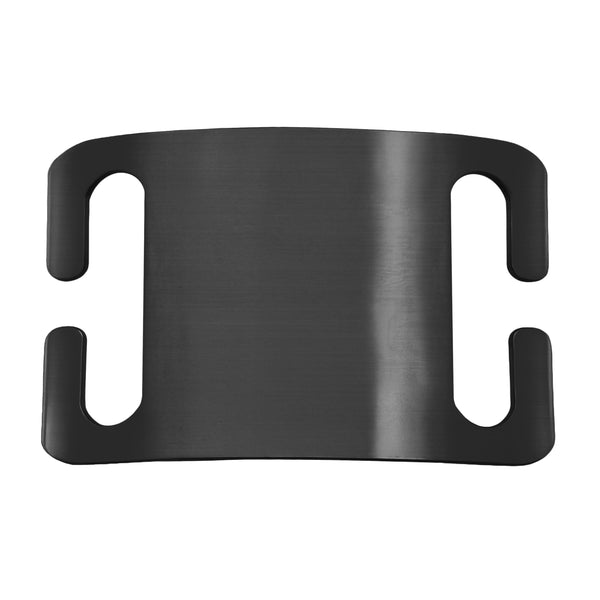 Close-up of Silent Slide-On Dog ID Tag showing dual belt-buckle slide slots and brushed black aluminum finish on white background