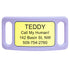 Front view of large lavender silicone slide-on dog ID tag showing engraved yellow plate with sample name and phone
