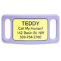 Front view of large lavender silicone slide-on dog ID tag showing engraved yellow plate with sample name and phone