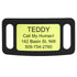 Close-up of Silicone Silent Slide-On Dog ID Tag showing engraved text “TEDDY Call My Human!” and sample address and phone on a neon green plate with black silicone frame