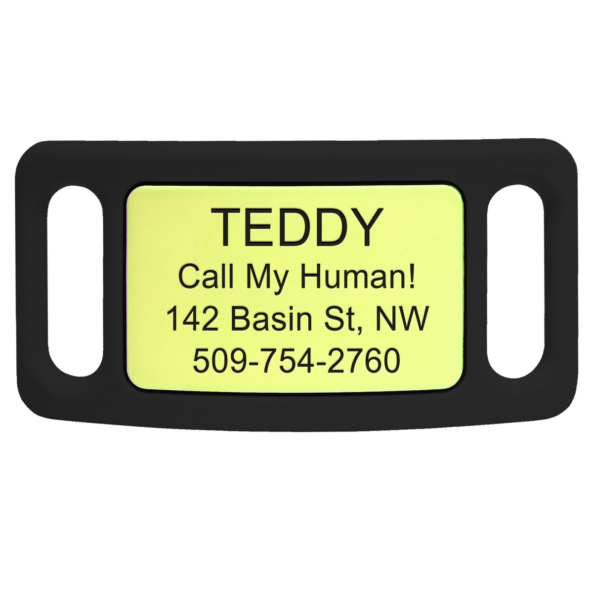 Close-up of Silicone Silent Slide-On Dog ID Tag showing engraved text “TEDDY Call My Human!” and sample address and phone on a neon green plate with black silicone frame
