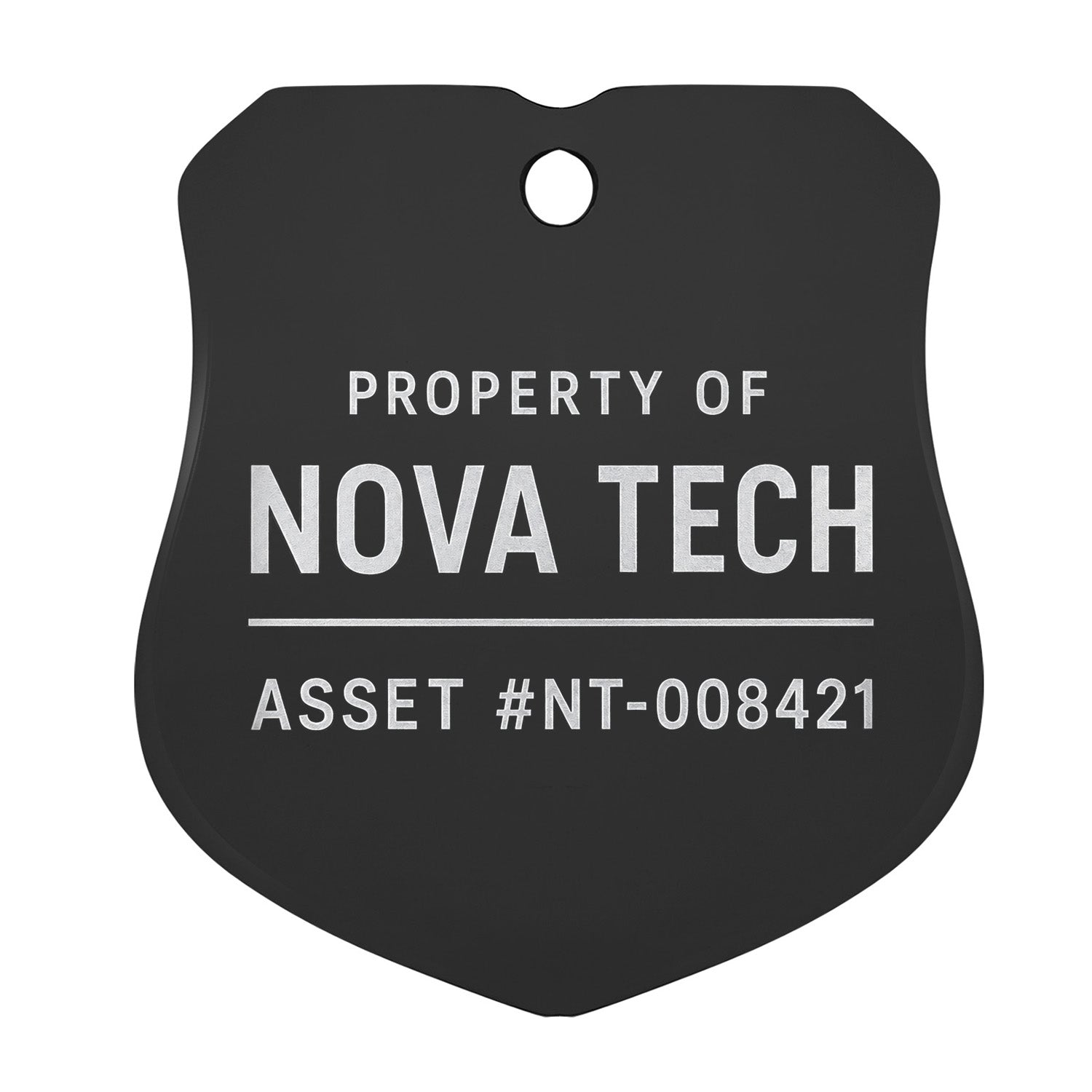 Front view of a black license tag with white PROPERTY OF NOVA TECH and ASSET #NT-008421 engraving