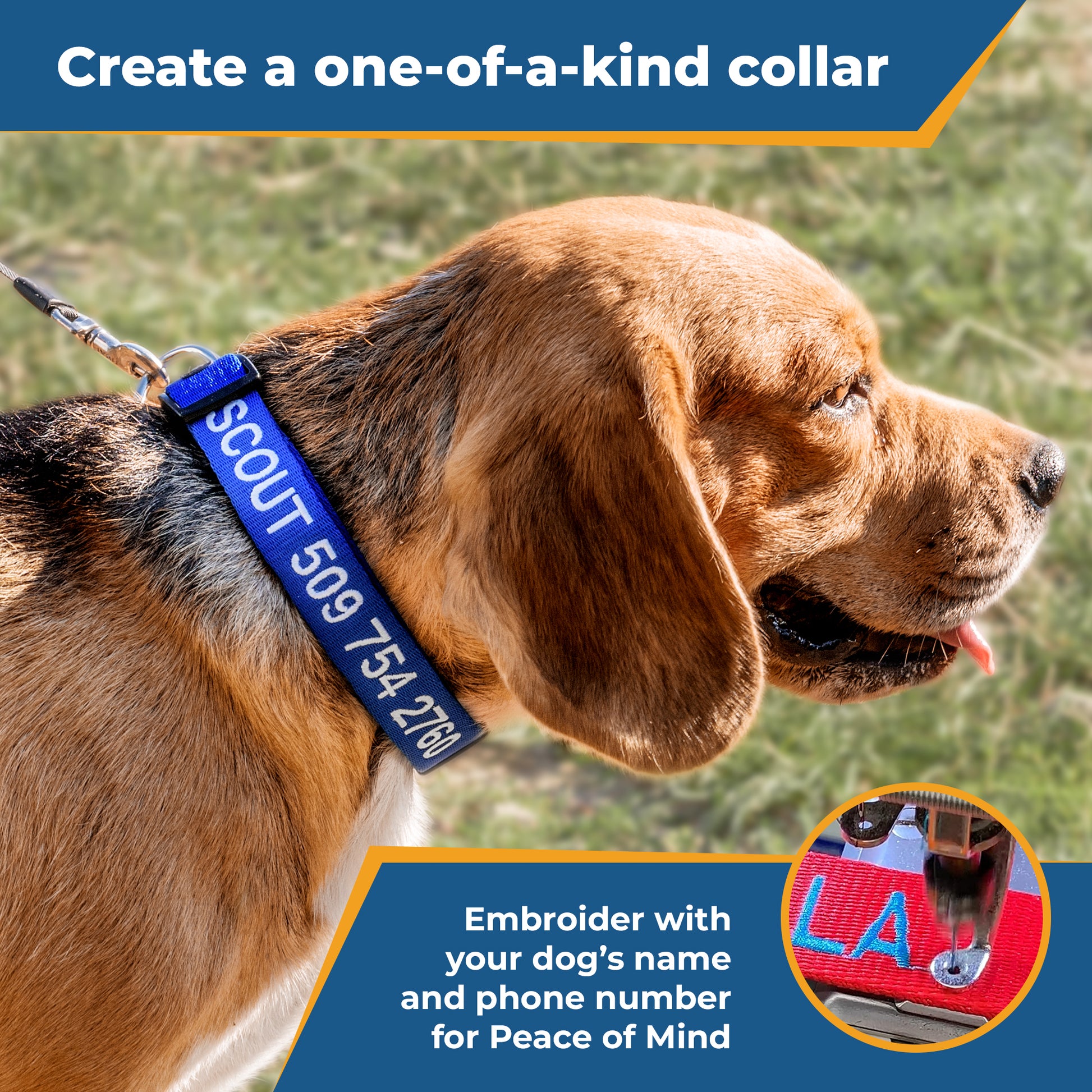 Side view of blue embroidered personalized dog collar showing white name stitching and quick-release buckle on a tan dog