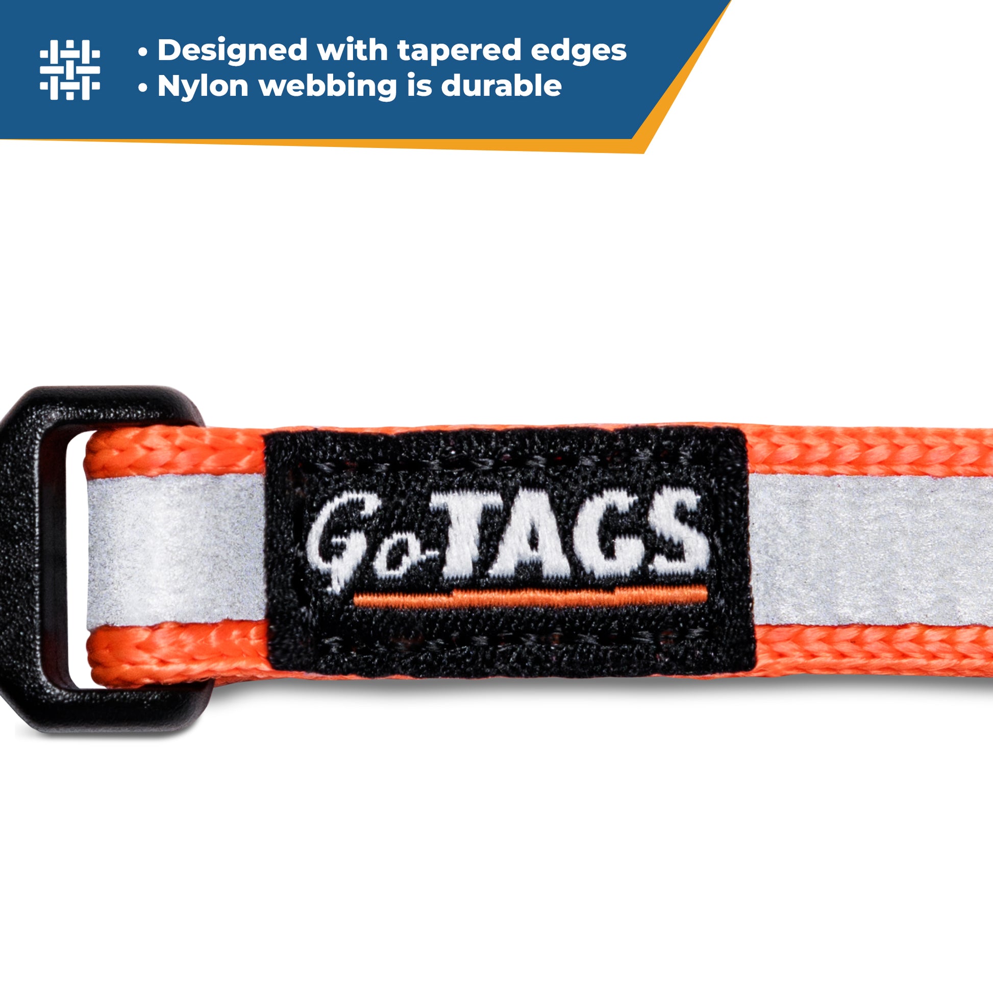 Close-up of reflective cat collar showing GoTAGS label, reflective strip, orange trim and black breakaway buckle