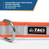 Close up of orange reflective dog collar with metal D ring, heavyweight nylon, and stitched webbing on white background
