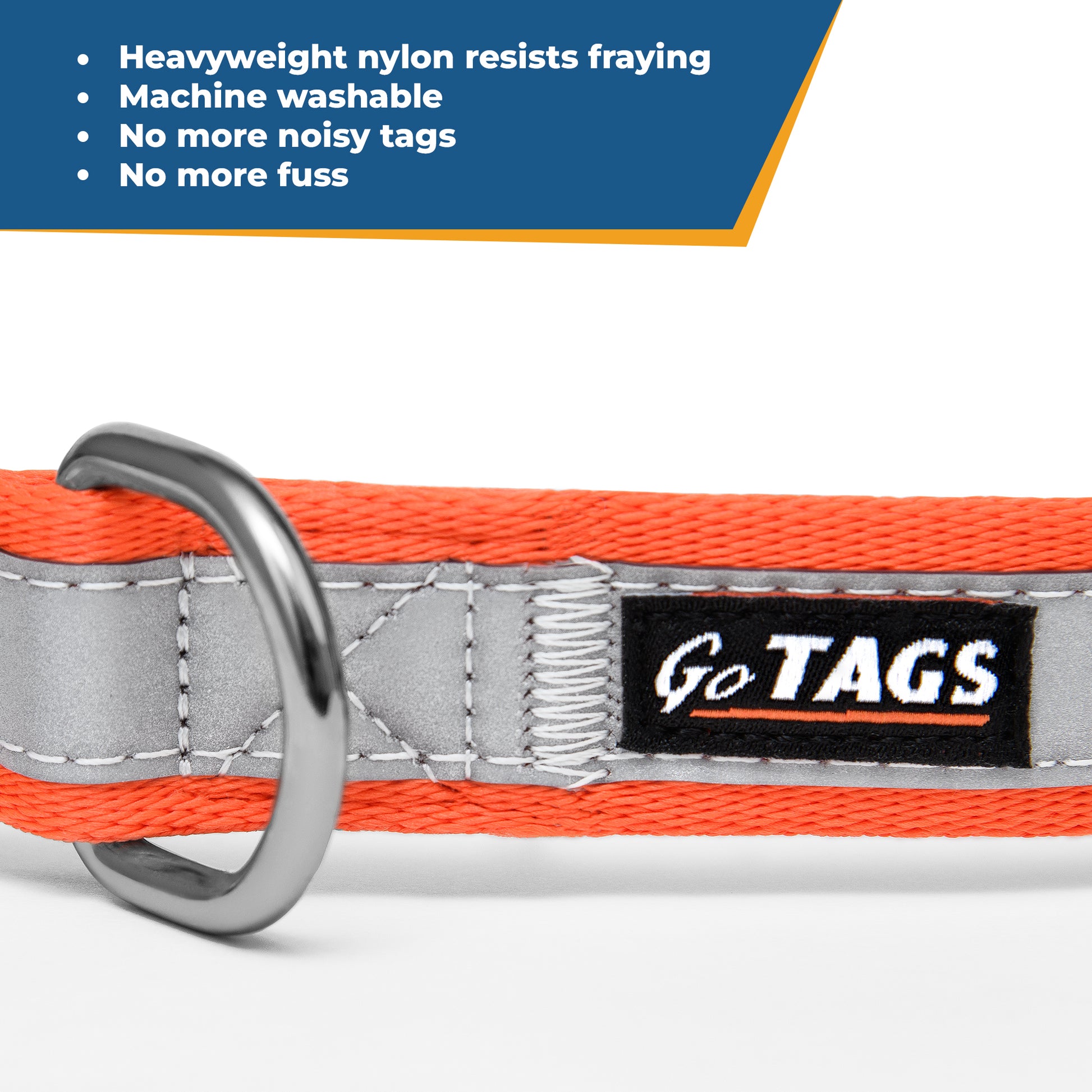 Close up of orange reflective dog collar with metal D ring, heavyweight nylon, and stitched webbing on white background