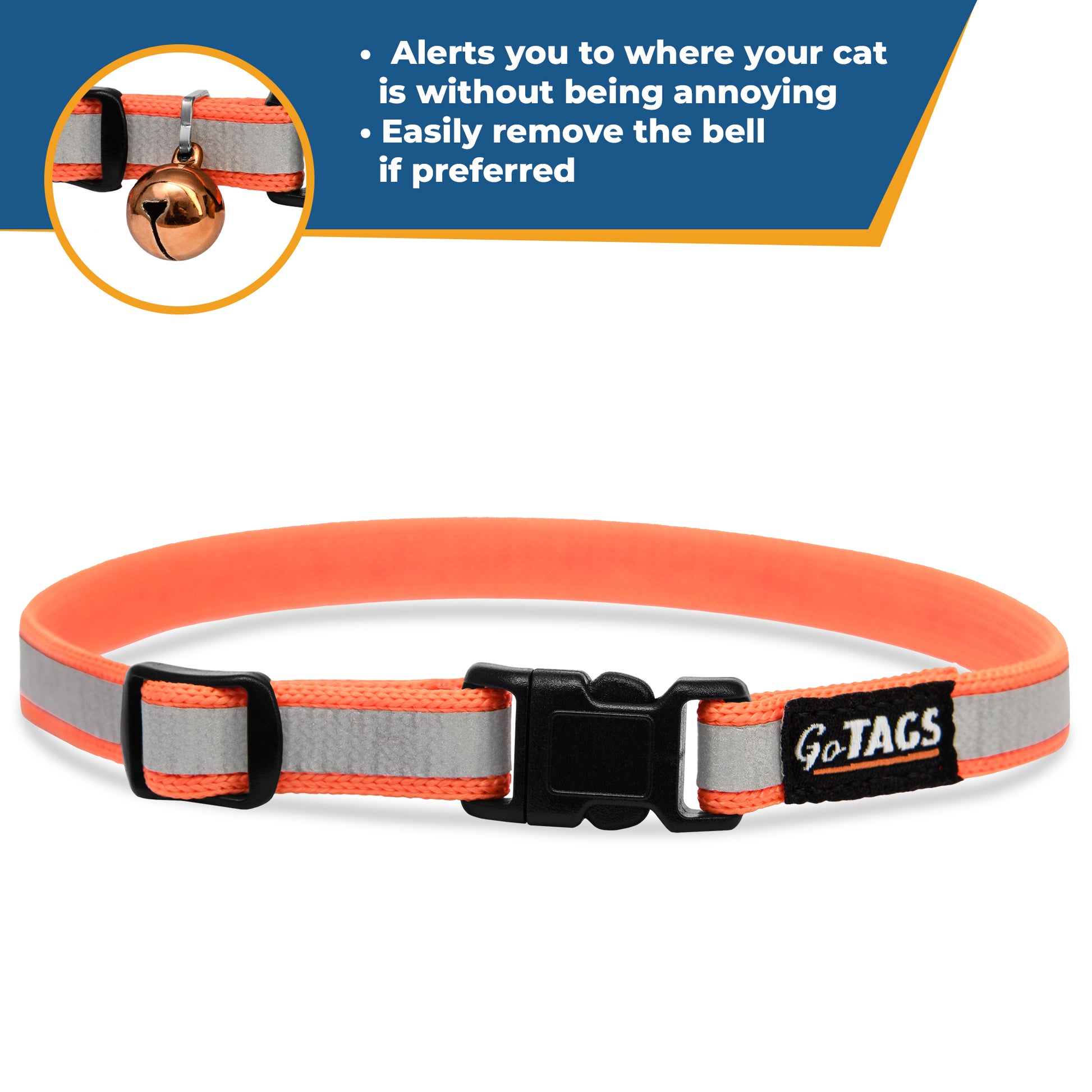 Close-up of personalized engraved reflective cat collar showing reflective strip and black breakaway buckle on white background