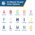 Infographic showing 15 Vibrant Thread Color Options: embroidered letter samples A–O with color names from Neon Pink to Gold