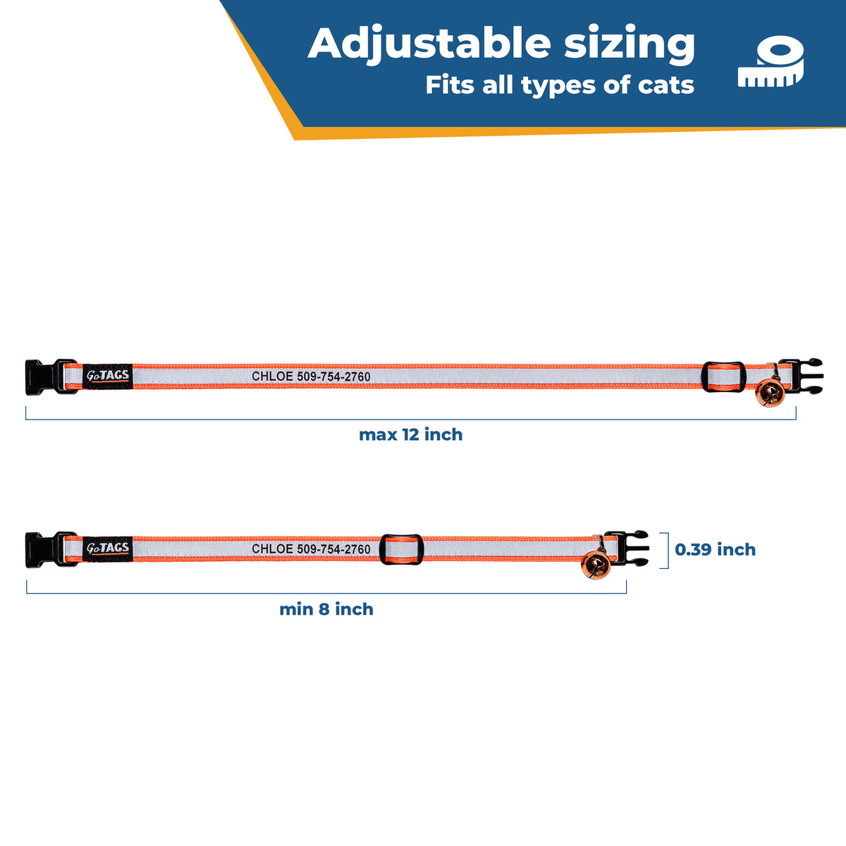 Flat view of reflective engraved cat collar showcasing breakaway buckle and reflective strip on white background