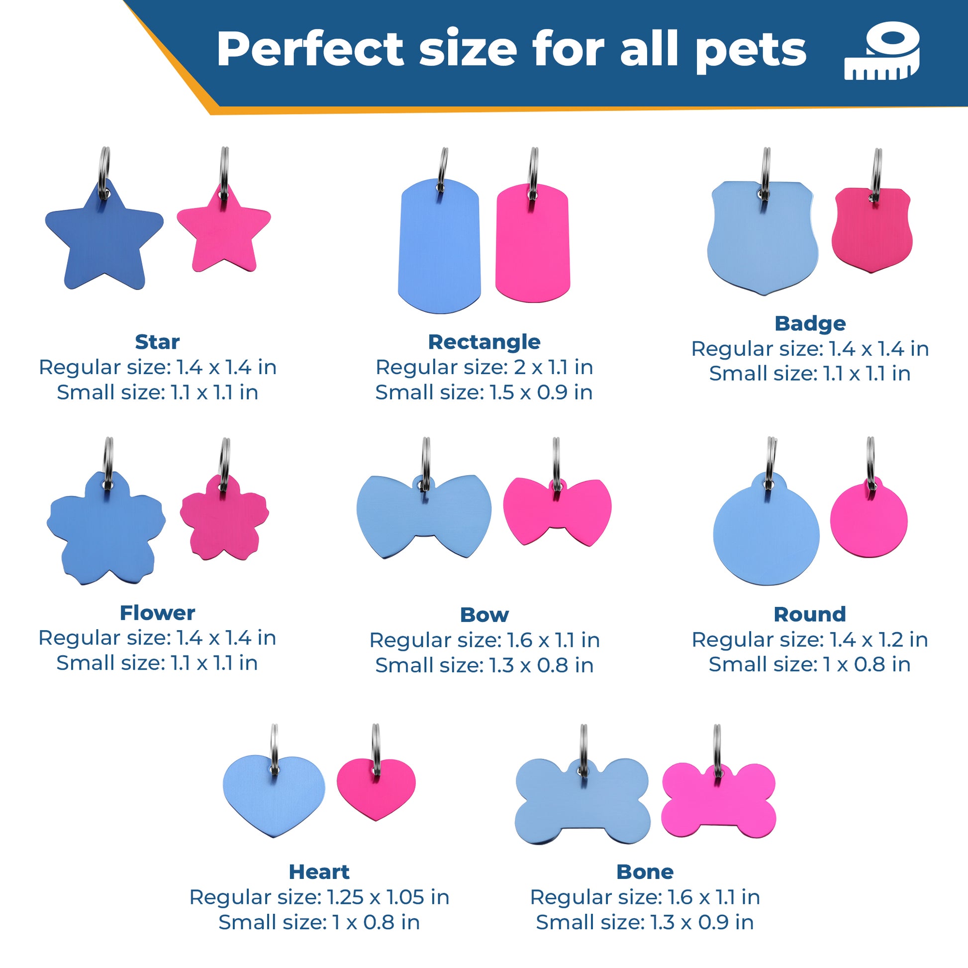 Infographic showing various dog tag shapes and their regular and small sizes, with headline ‘Perfect size for all pets’