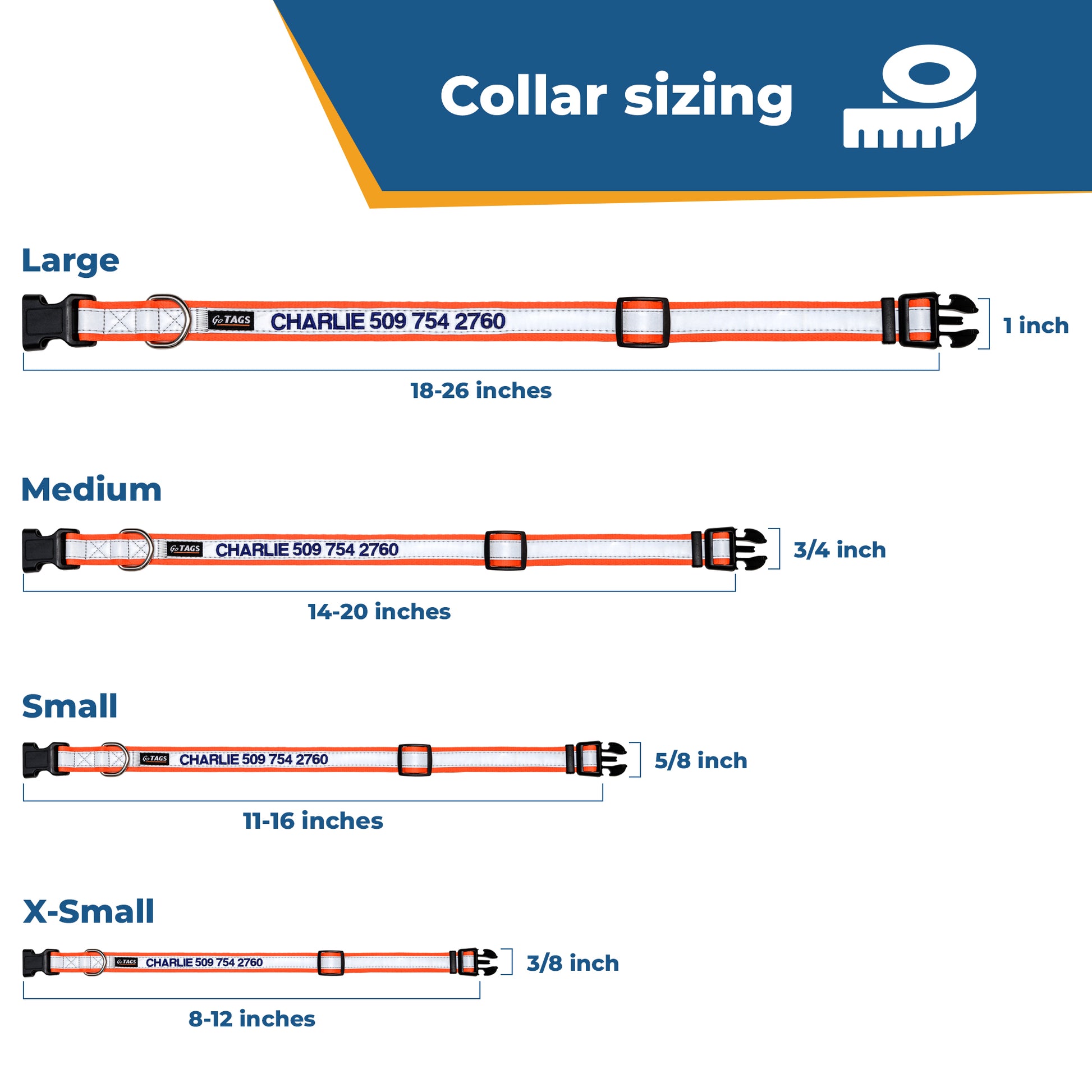Diagram titled Collar sizing showing four collar sizes (X-Small, Small, Medium, Large) with each size’s adjustable neck measurement ranges