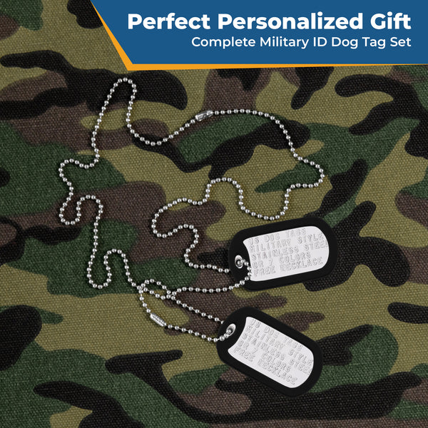 Personalized gift: Embossed Military Dog Tag Necklace Set with two stainless steel tags, ball chains, and silencers