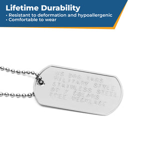 Close-up of embossed military dog tag necklace set showcasing stainless steel tag and ball chain with Lifetime Durability banner