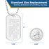 Standard size replacement dog tag, 2 inches by 1.125 inches, compared with a 0.95 inch quarter