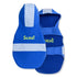 Front view of blue personalized dog raincoat with hood, fleece lining, reflective trim, embroidered name on white background