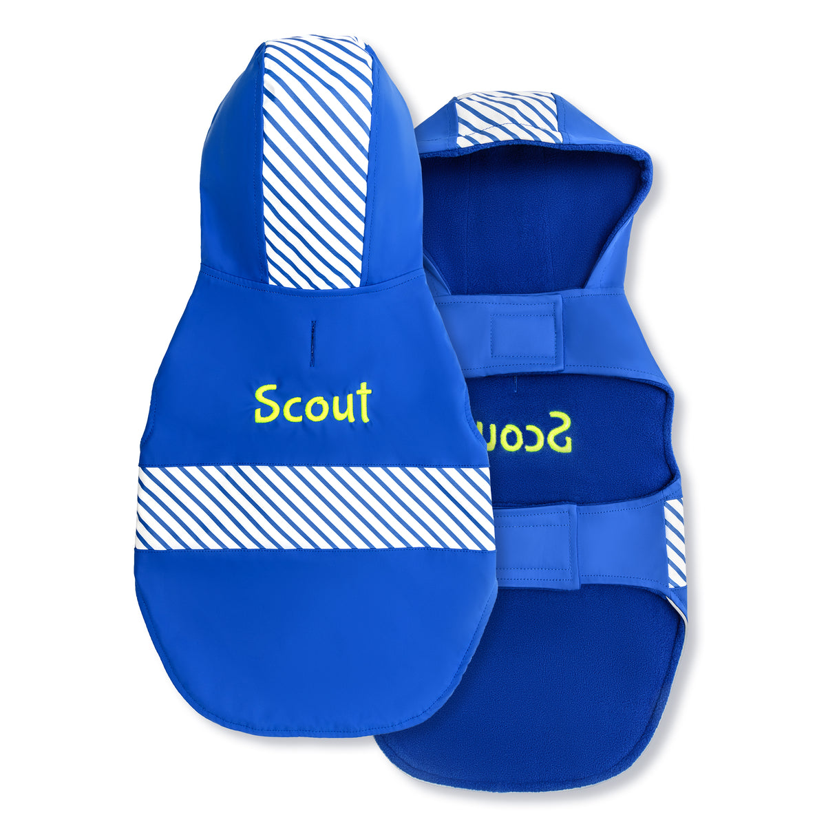 Front view of blue personalized dog raincoat with hood, fleece lining, reflective trim, embroidered name on white background