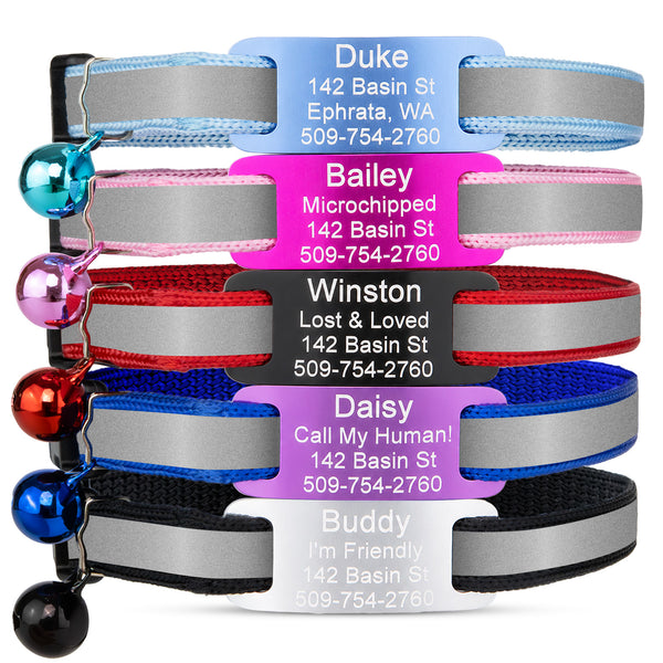 Personalized Reflective Cat Collar with Silent Aluminum Tag and Safety Buckle